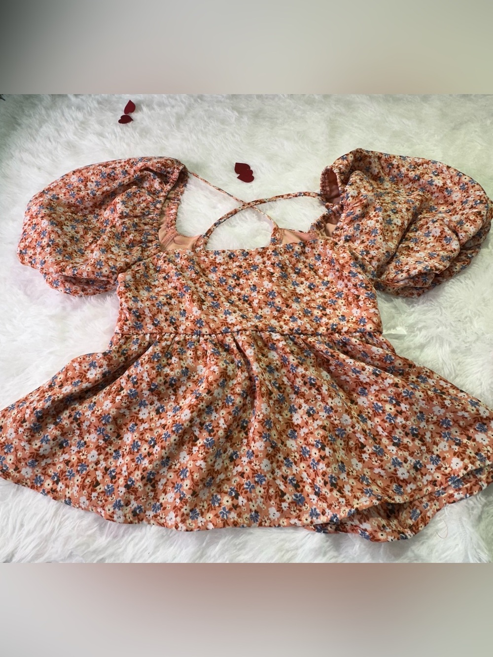 Altar'd State Floral Puff-Sleeve Open Back Peplum Top.